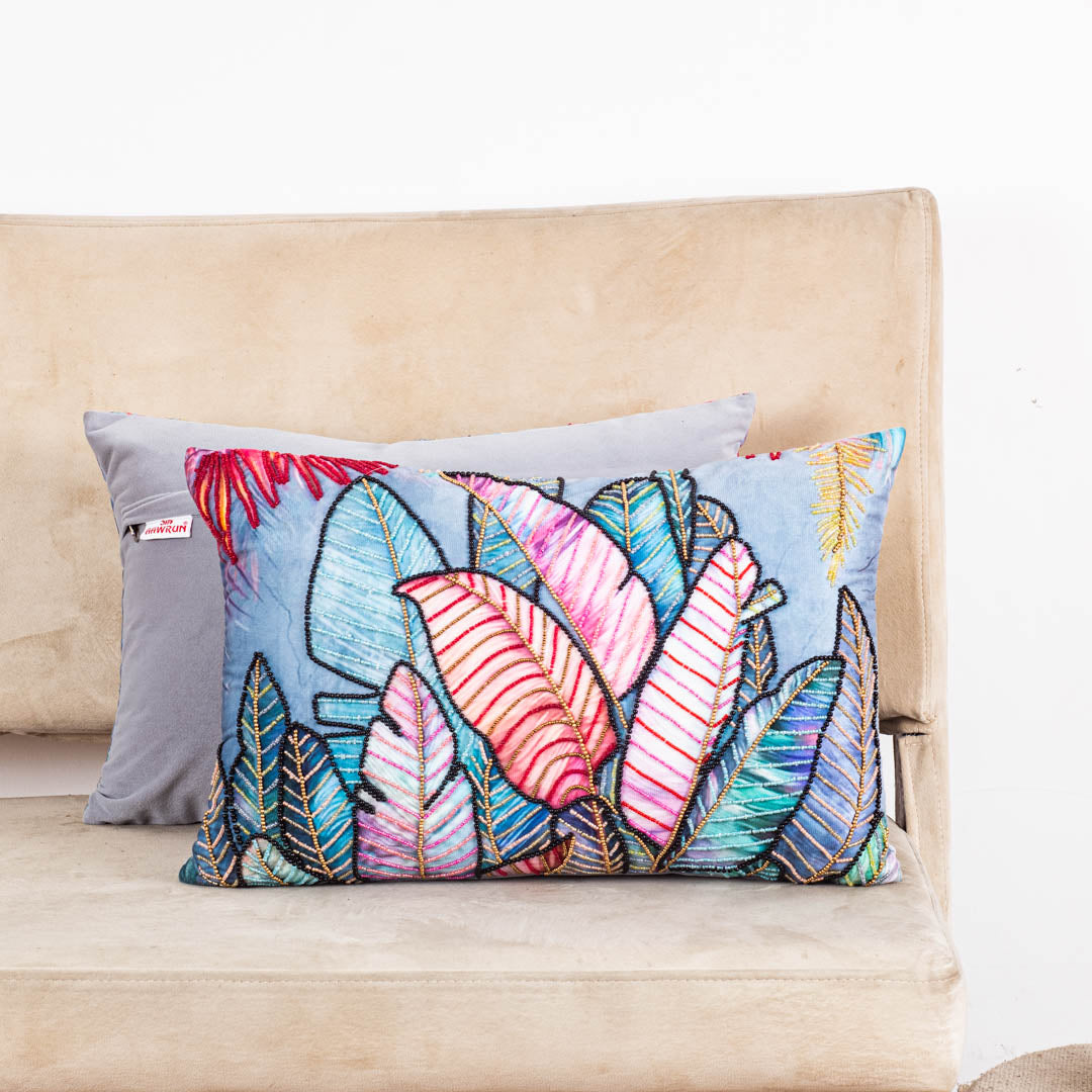 Designer Botanical Cushion Cover with Embellished Leaf Artwork