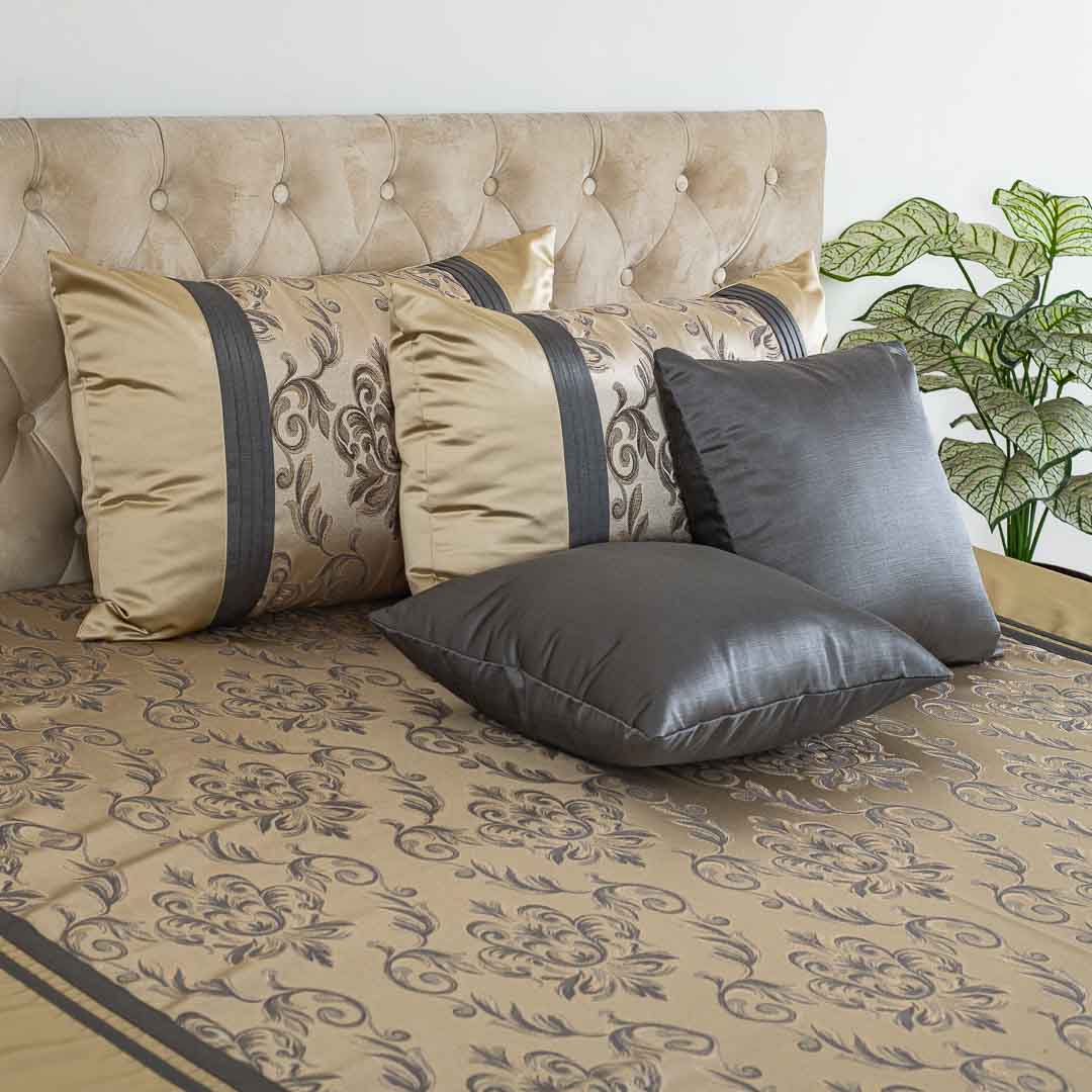 Grey and Gold pasley Jaquard King Size Mix Bedcover Set (1+2+2)