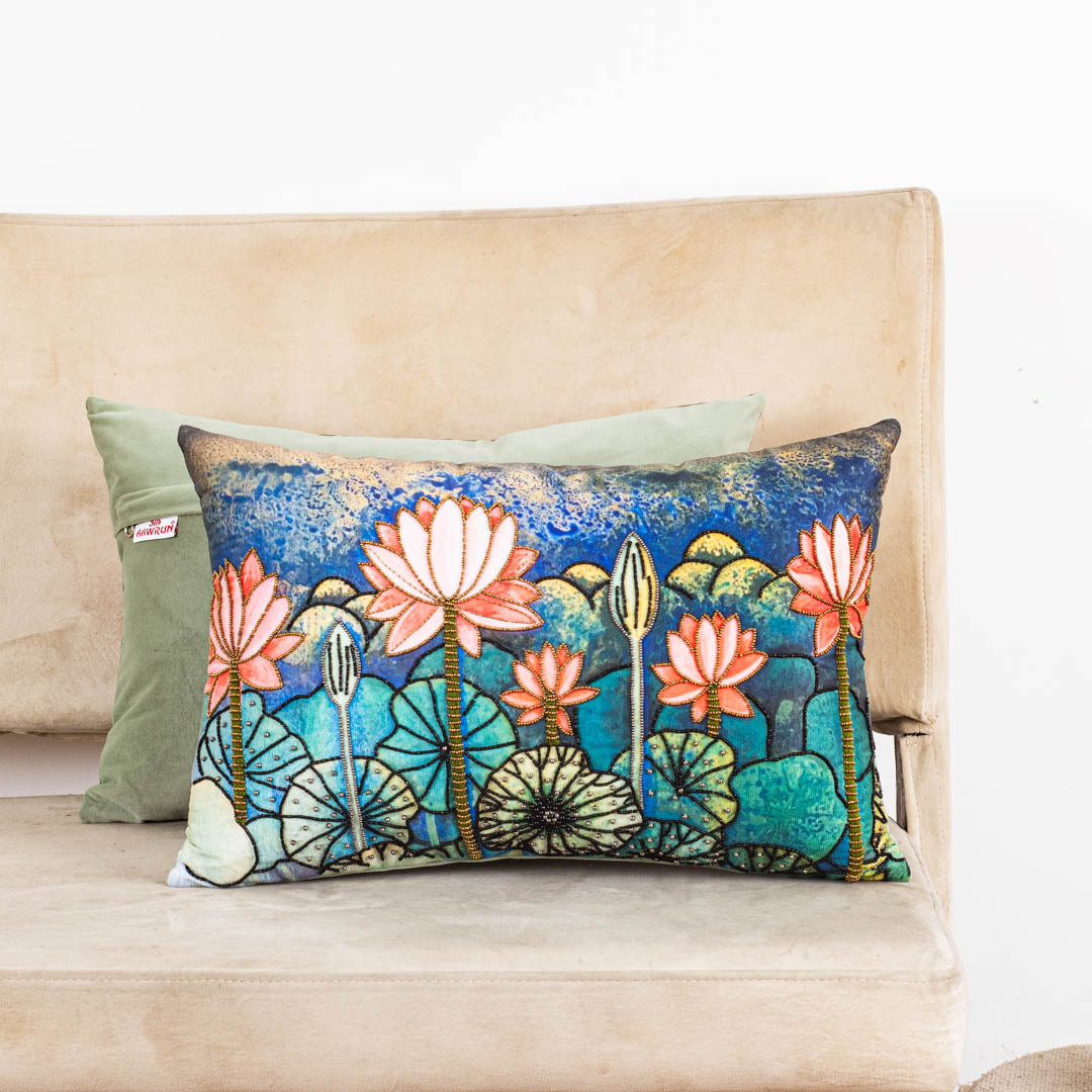 Lotus Pond Blended Velvet Cushion Cover