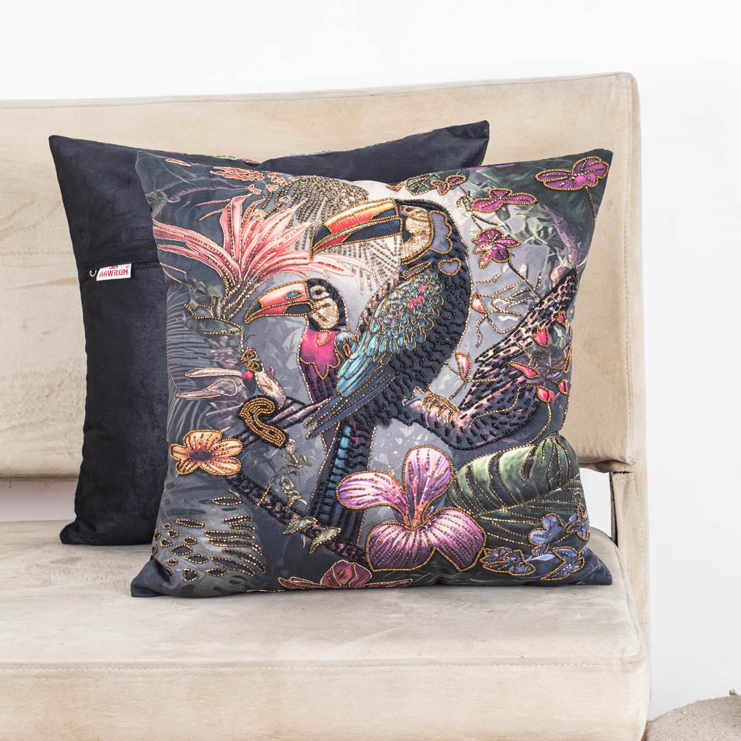 Luxury Jungle Theme Cushion Cover with Exotic Bird Artwork