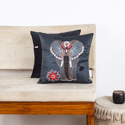 Designer Elephant Motif Cushion Cover with Decorative Embellishments