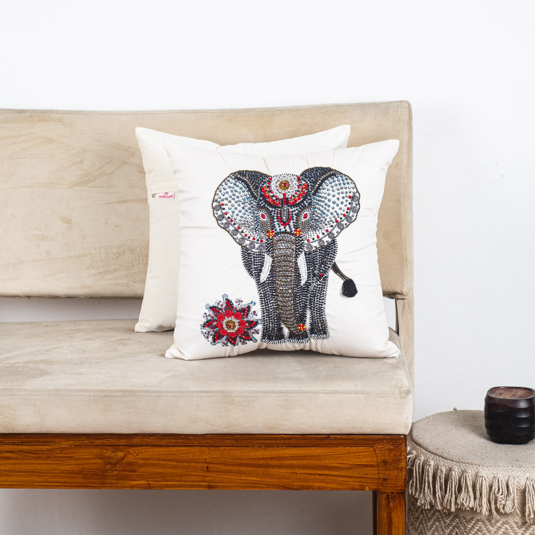 Designer Elephant Motif Cushion Cover with Decorative Embellishments