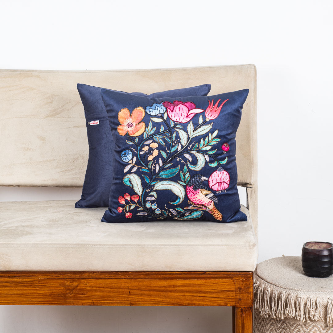 Designer Botanical &amp; Bird Motif Cushion Cover for Sofa Décor