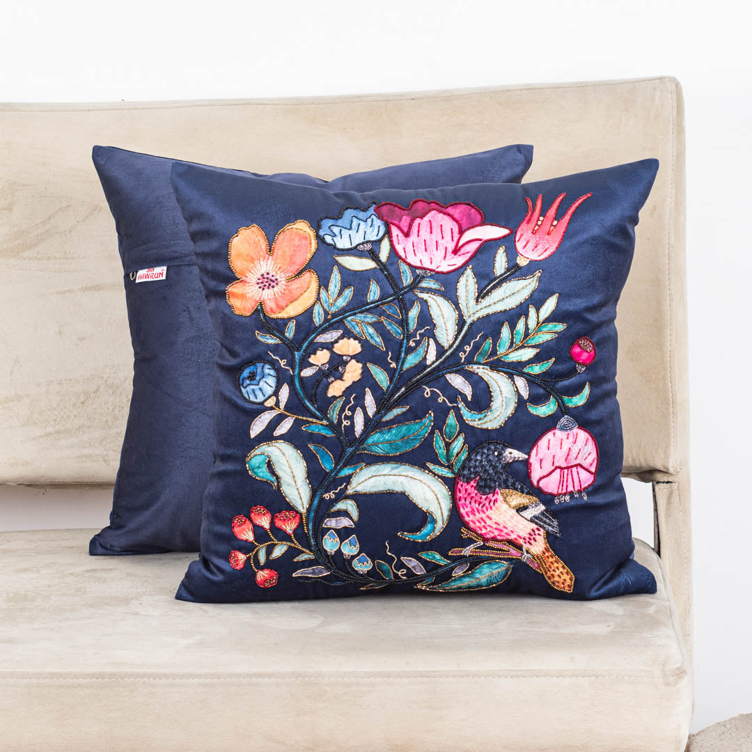 Designer Botanical &amp; Bird Motif Cushion Cover for Sofa Décor