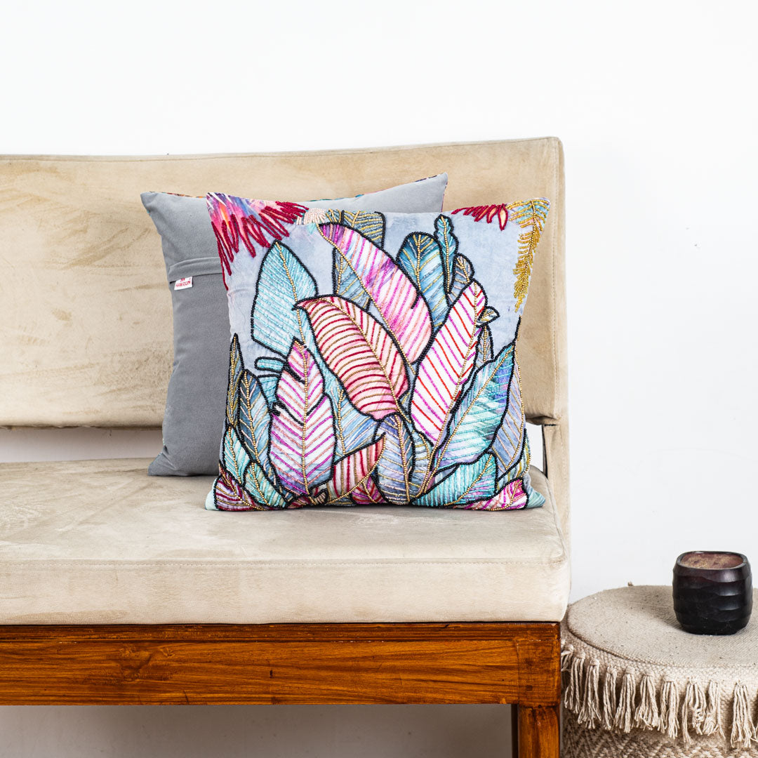 Designer Botanical Cushion Cover with Embellished Leaf Artwork