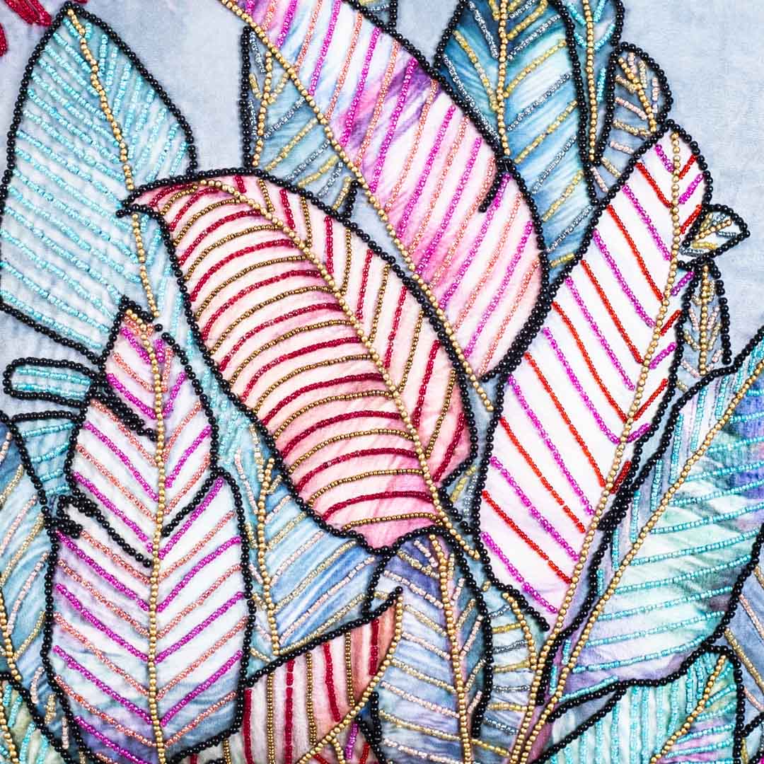 Designer Botanical Cushion Cover with Embellished Leaf Artwork