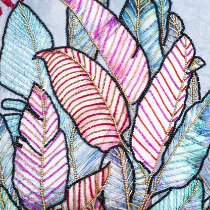 Designer Botanical Cushion Cover with Embellished Leaf Artwork