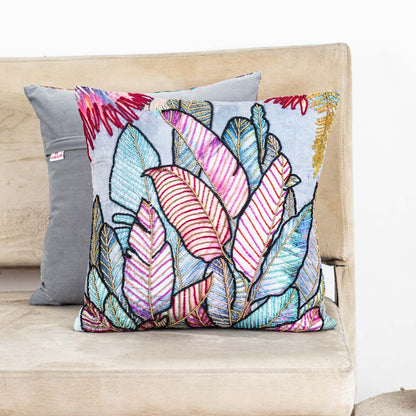 Designer Botanical Cushion Cover with Embellished Leaf Artwork