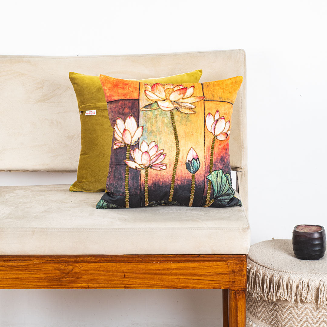 Graceful Lotus Embroidered Cushion Cover