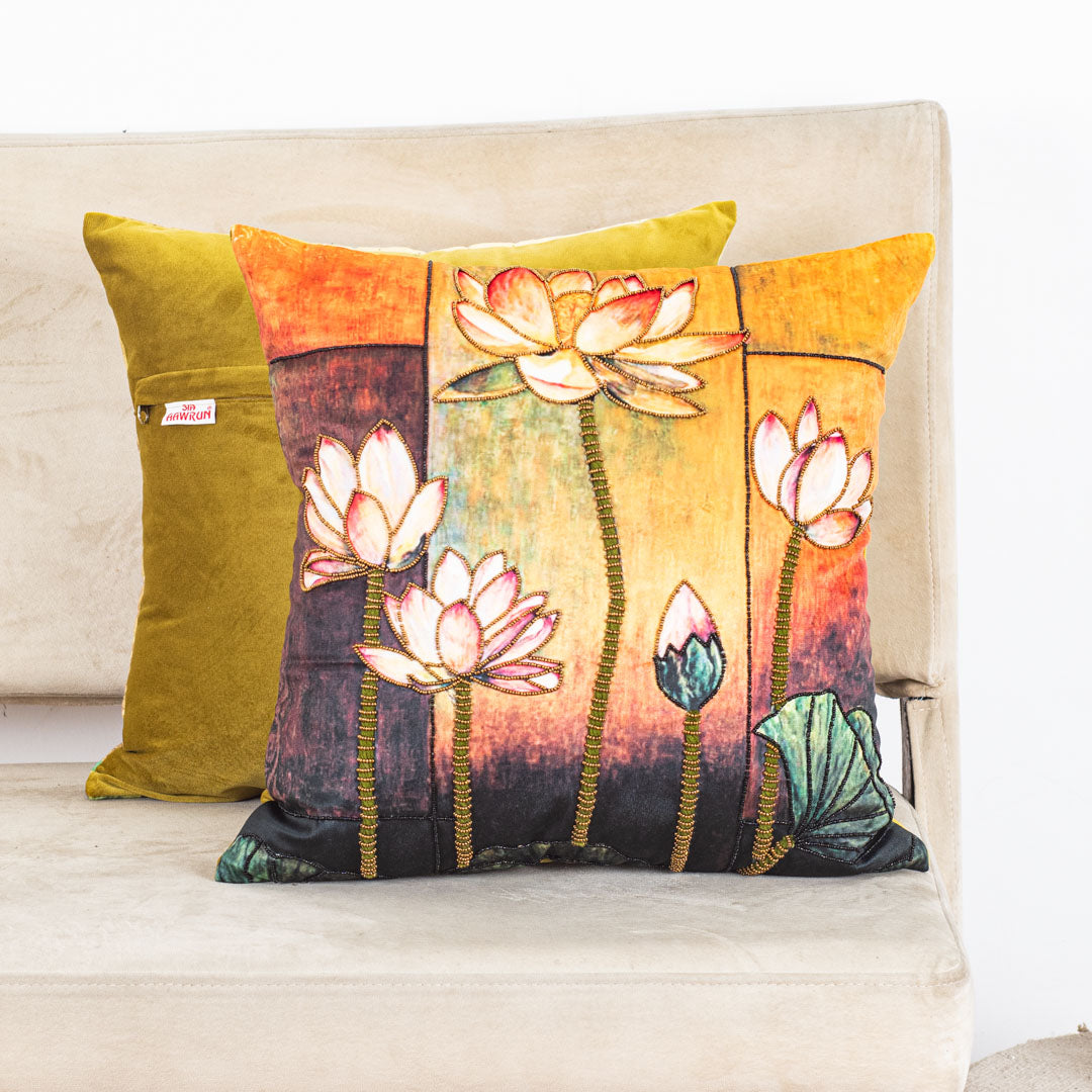 Graceful Lotus Embroidered Cushion Cover