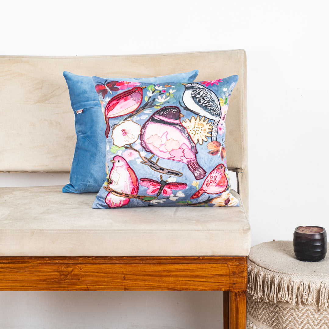Quirky Bird Cushion Cover with Hand Embroidery