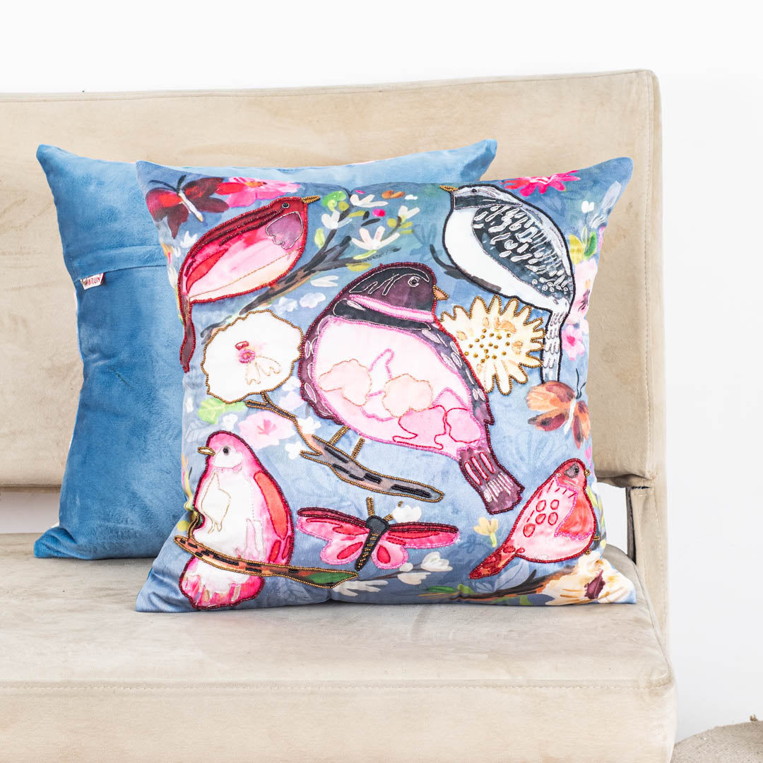 Quirky Bird Cushion Cover with Hand Embroidery