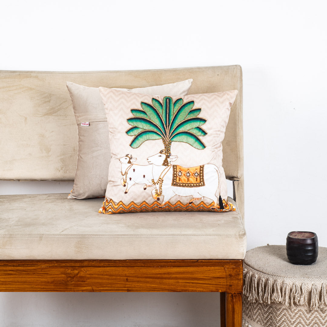 Premium Pichwai Cow &amp; Banana Tree Cushion Cover