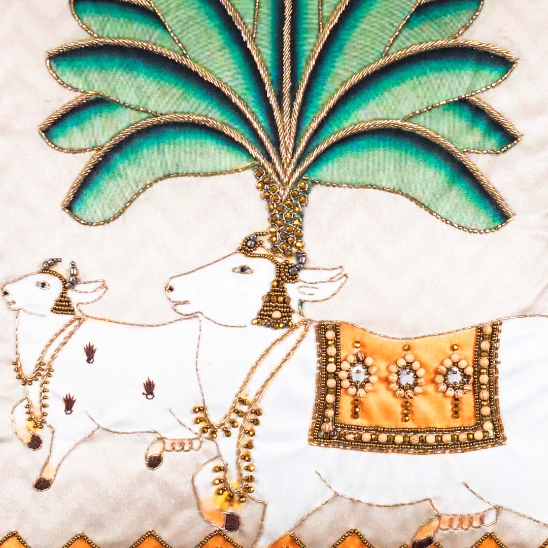 Premium Pichwai Cow &amp; Banana Tree Cushion Cover