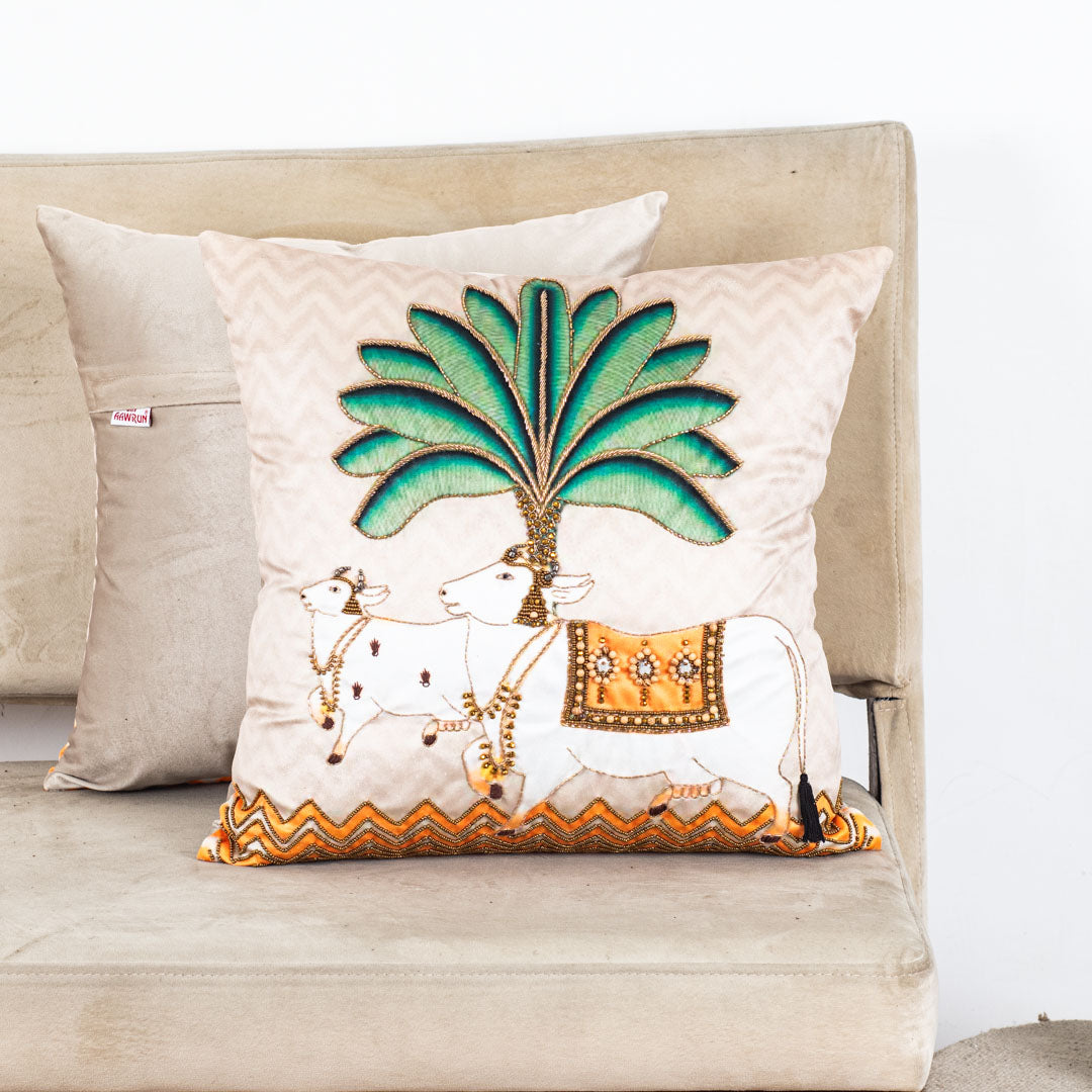 Premium Pichwai Cow &amp; Banana Tree Cushion Cover