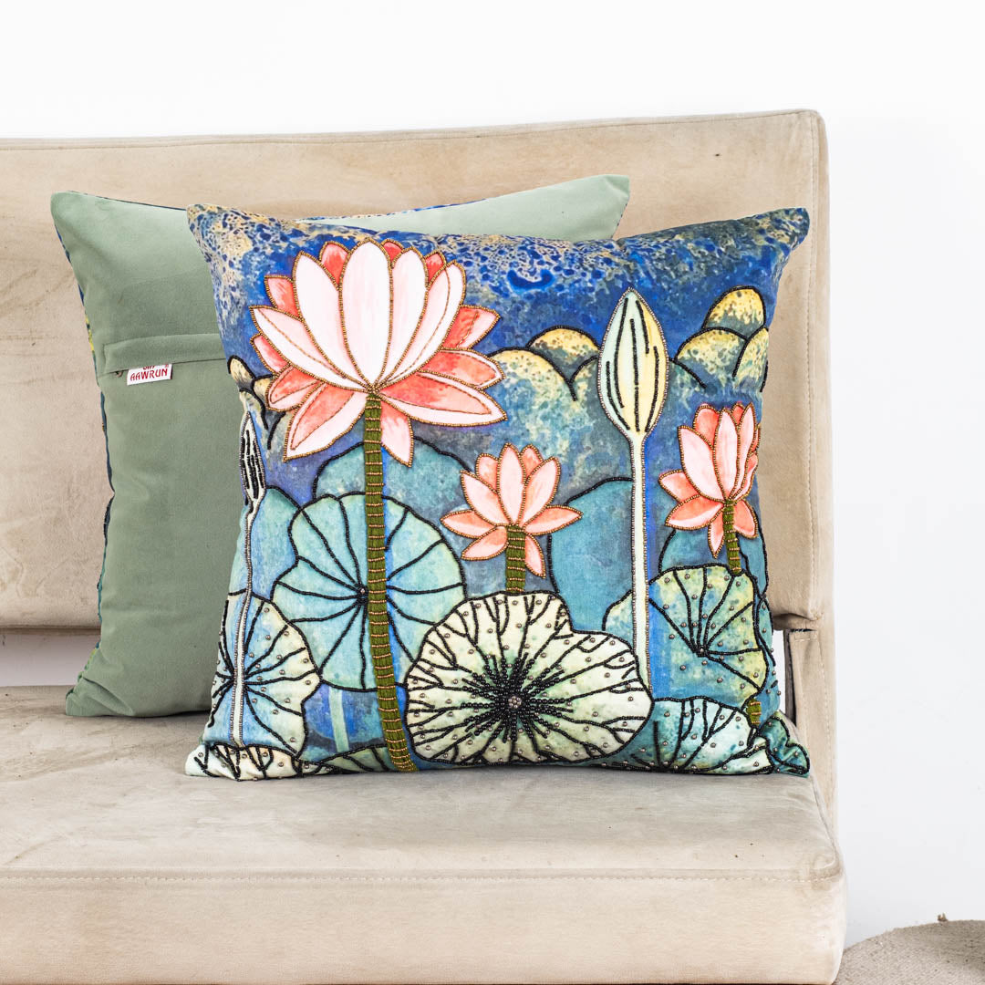 Lotus Pond Blended Velvet Cushion Cover