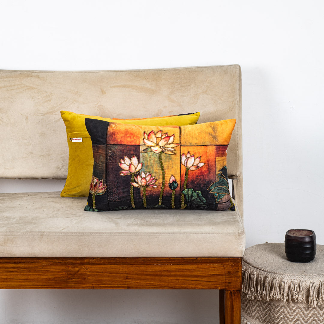 Graceful Lotus Embroidered Cushion Cover