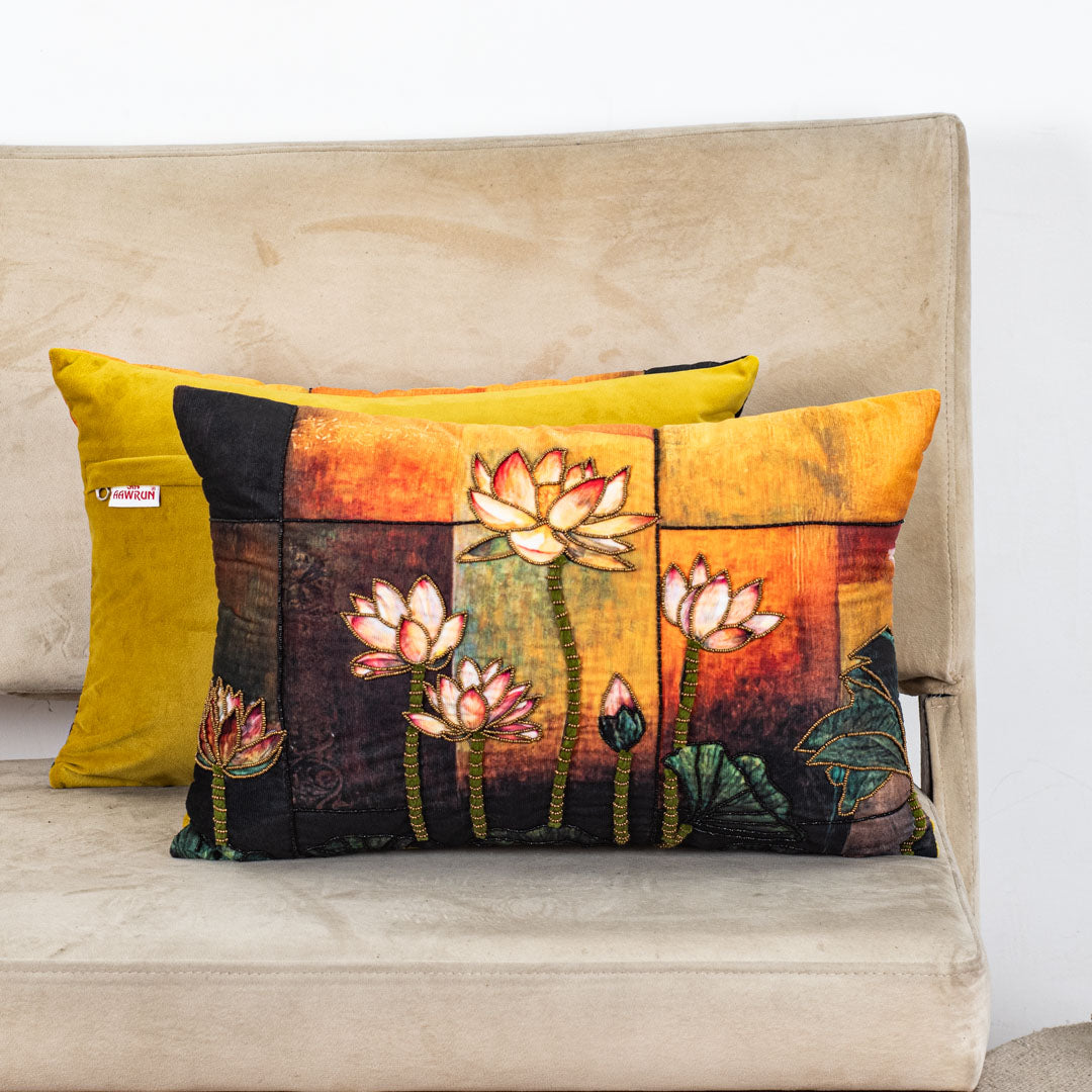 Graceful Lotus Embroidered Cushion Cover