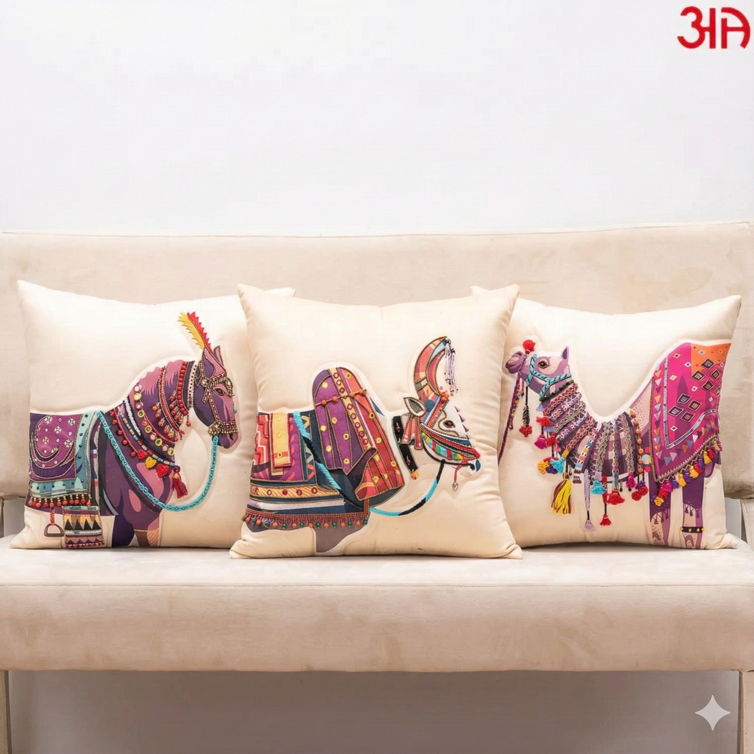 Traditional Camel Art + Horse Embroidery + Cow Digital Print Cushion Cover Combo