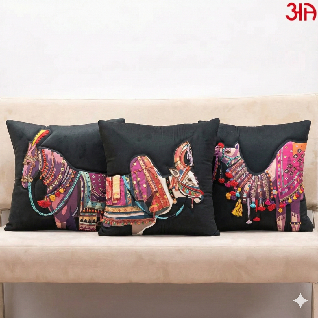 Traditional Camel Art + Horse Embroidery + Cow Digital Print Cushion Cover Combo