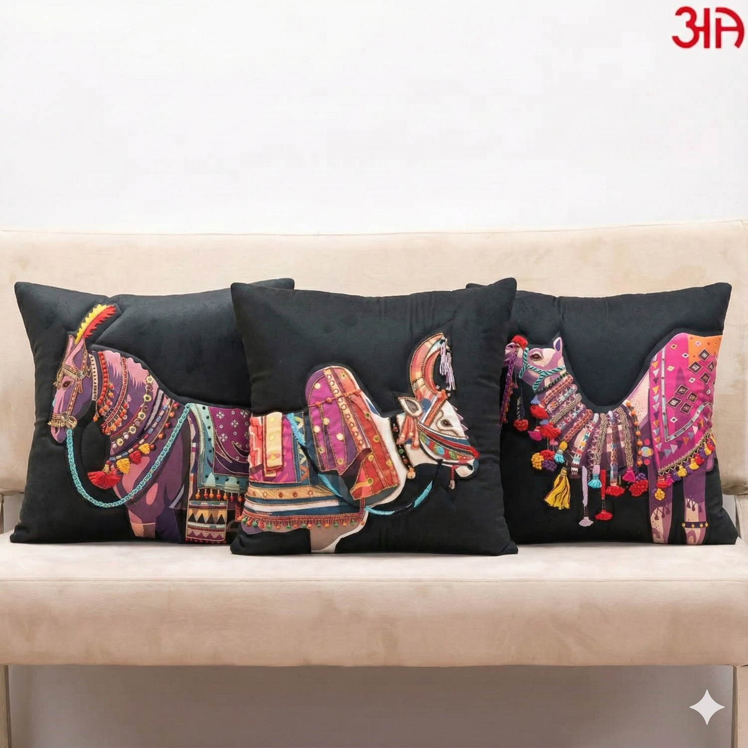Traditional Camel Art + Horse Embroidery + Cow Digital Print Cushion Cover Combo