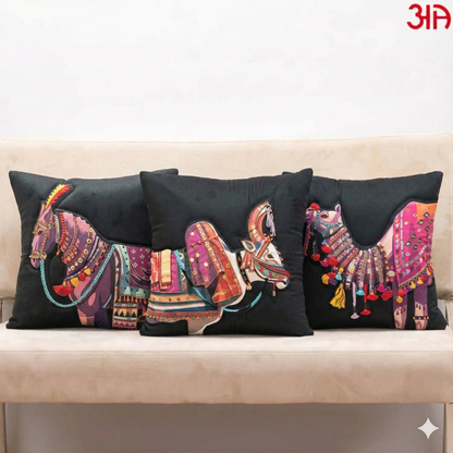 Traditional Camel Art + Horse Embroidery + Cow Digital Print Cushion Cover Combo