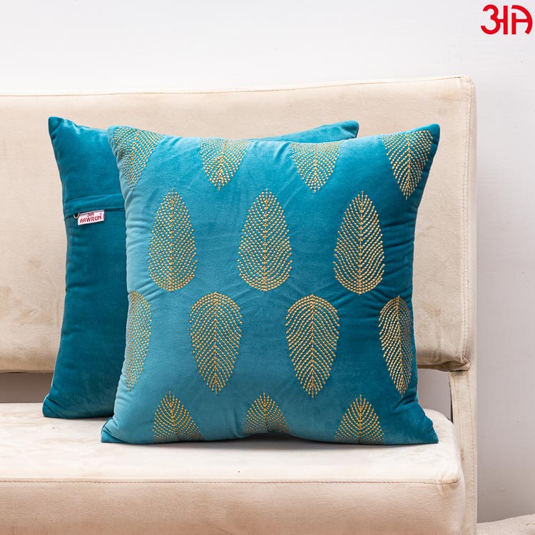 Aqua Gold Embroidered Leaf Cushion Cover