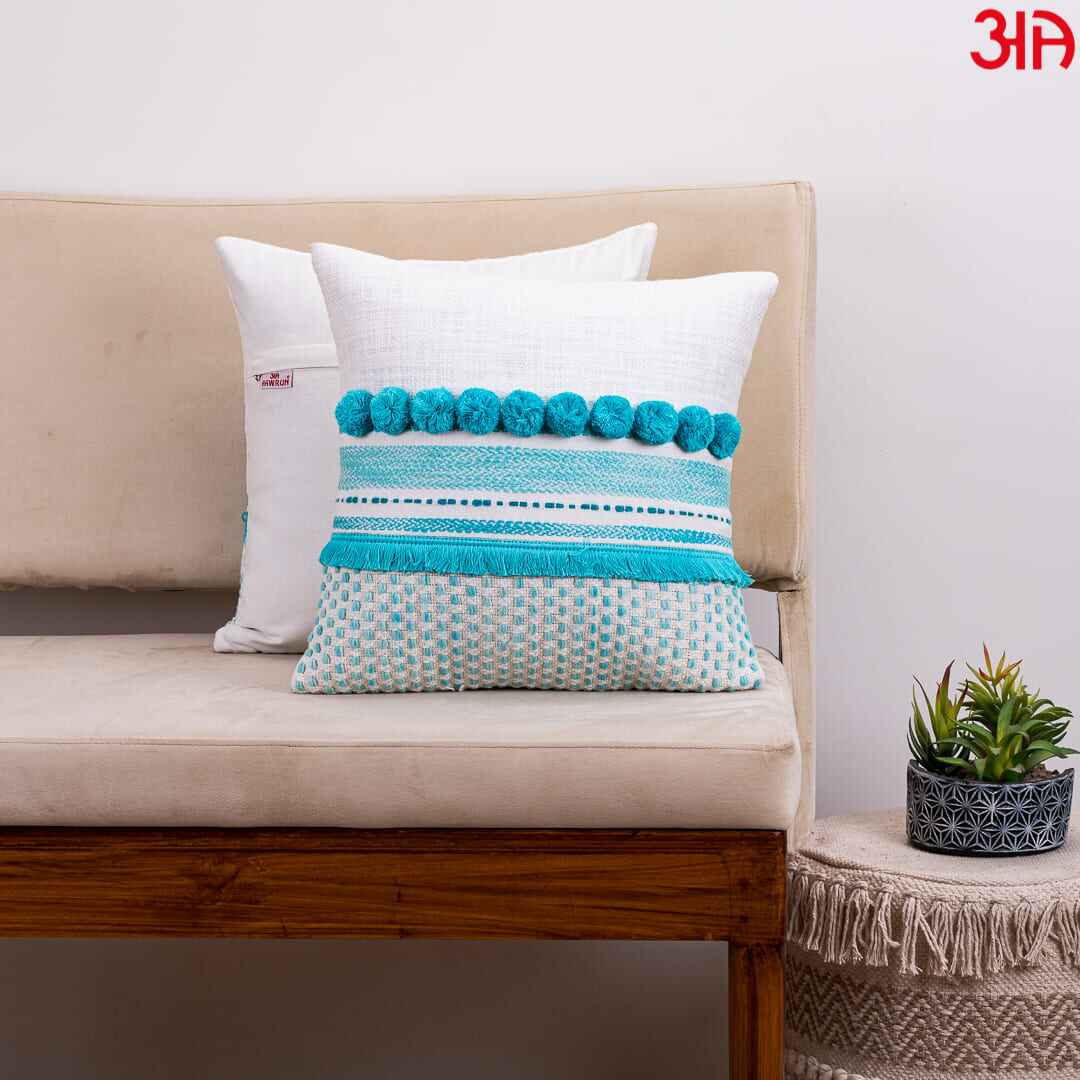 aqua blue pompom cushion2