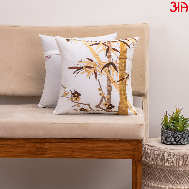 Bamboo leaf embroidery cushion cover white2