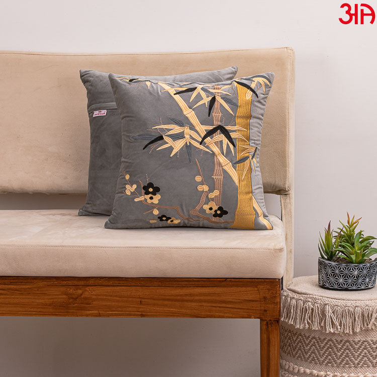 Bamboo leaf embroidery cushion cover grey2