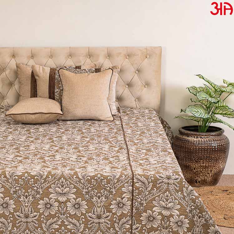 beige chenille floral bed cover