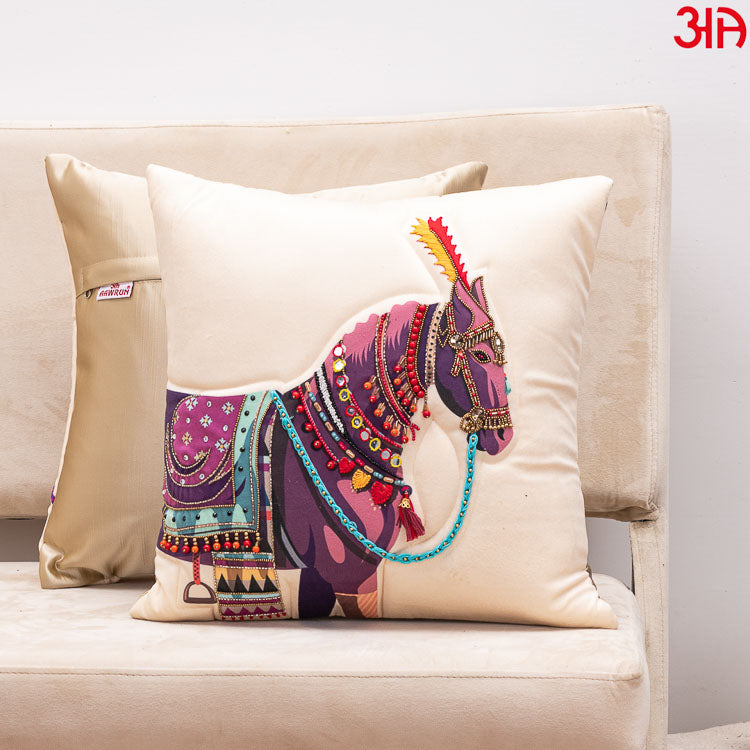 Beige Horse Embroidery Cushion