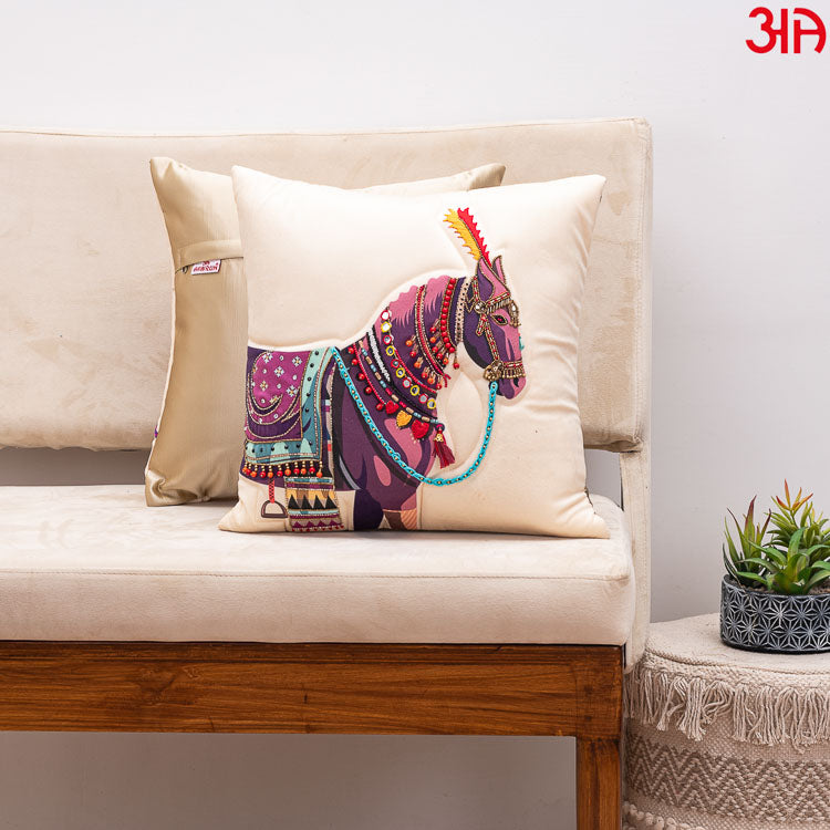 Beige Horse Embroidery Cushion2