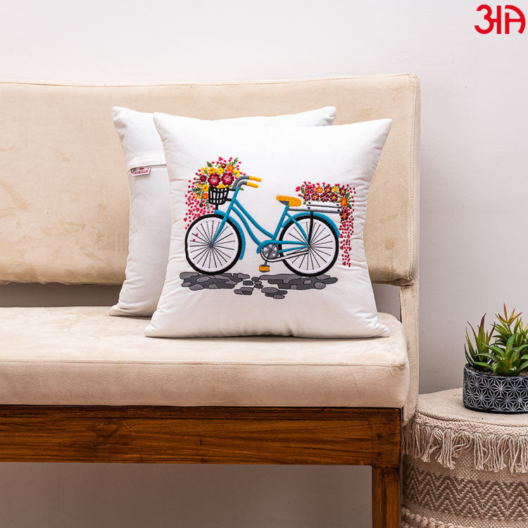 Charming Bicycle Embroidery Cushion Cover Aawrun