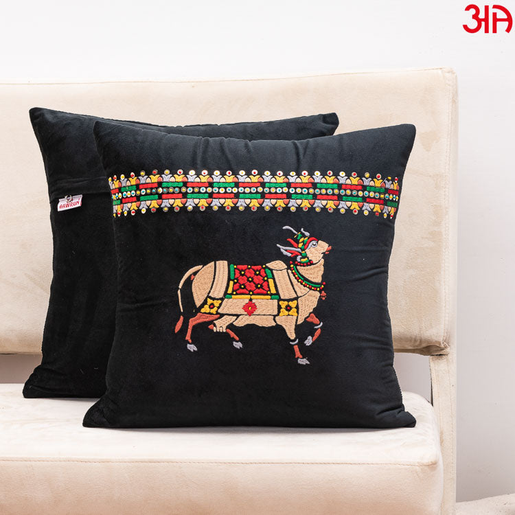 Cow embroidered Velvet cushion black beige