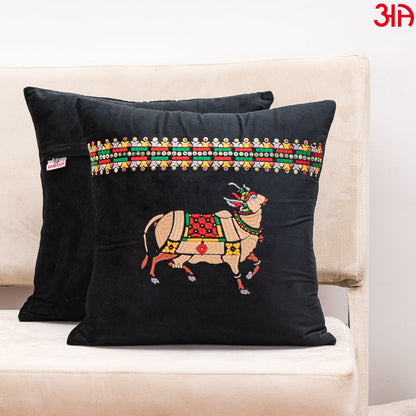 Cow embroidered Velvet cushion black beige