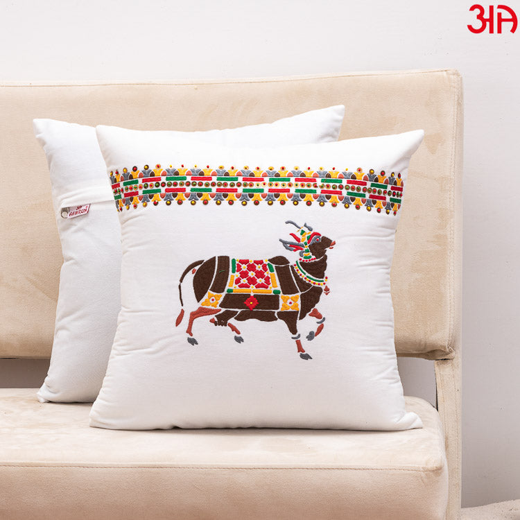 Cow embroidered Velvet cushion white