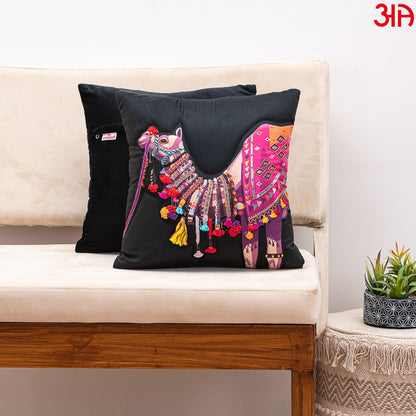 Camel Embroidered black cushion2