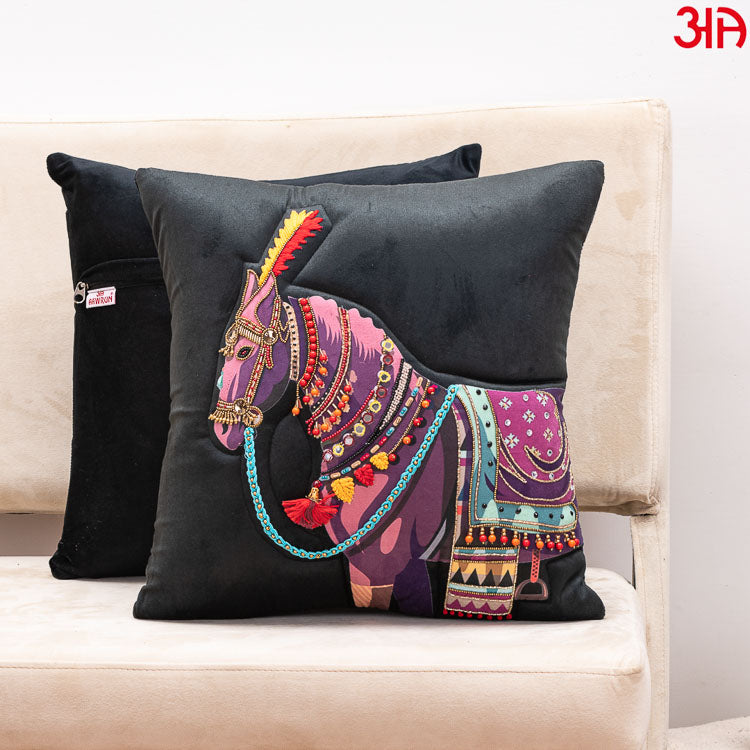 Black Horse Embroidery Cushion