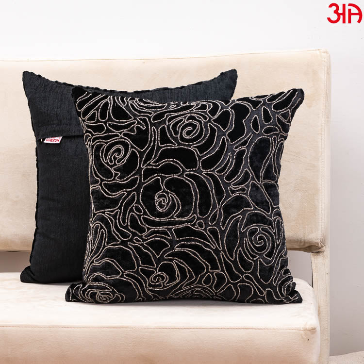 burnout velvet rose embellished cushion cover black1