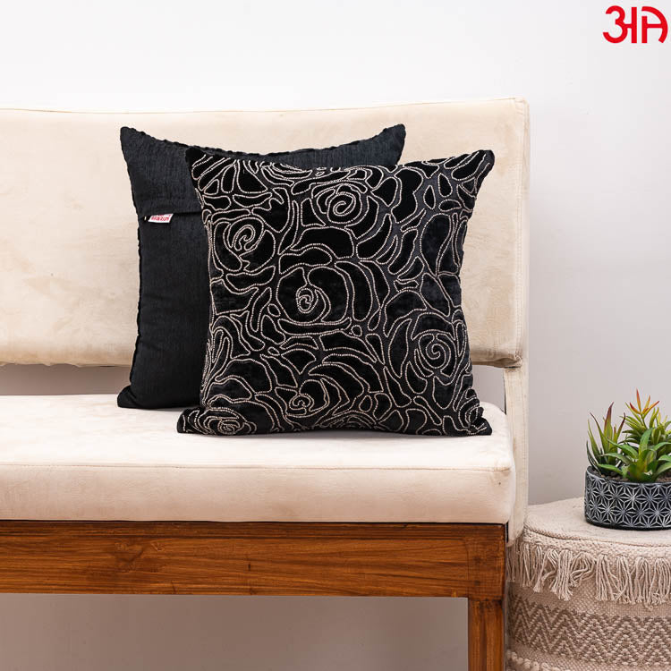 burnout velvet rose embellished cushion cover black2