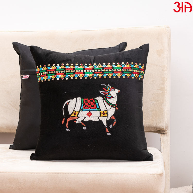 Cow embroidered Velvet cushion black white