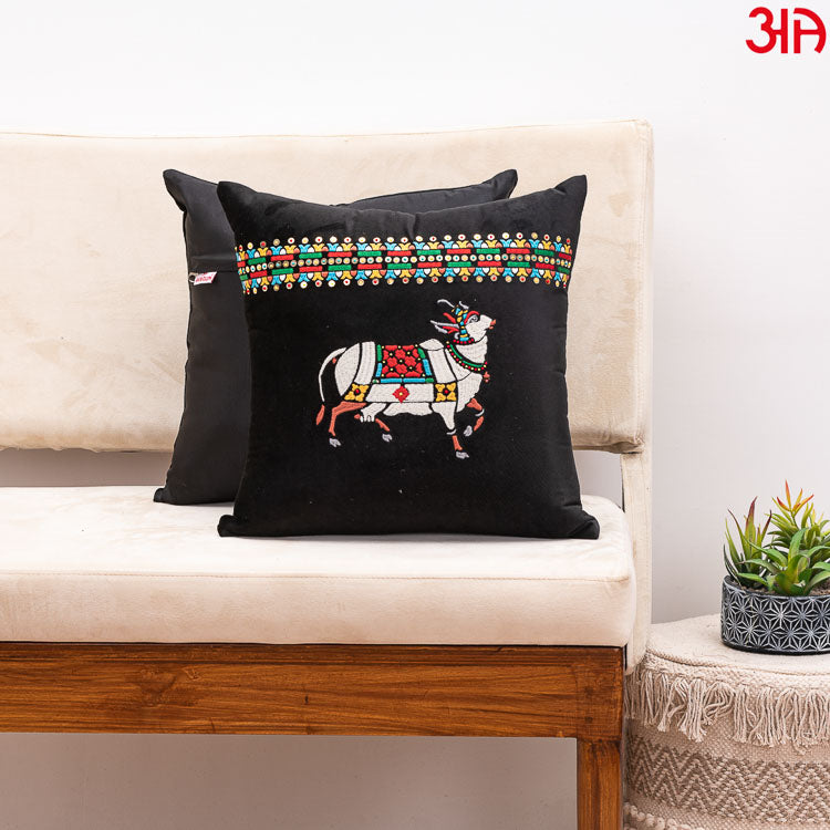 Cow embroidered Velvet cushion black white2