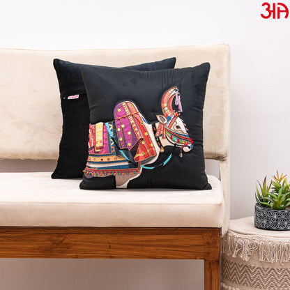 velvet Cushion with cow art design black2