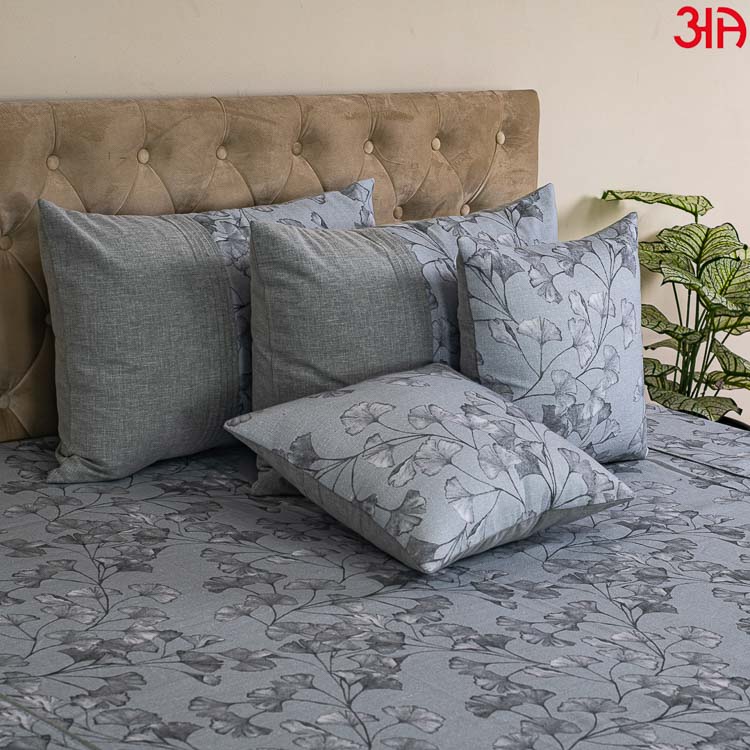 grey floral cotton bed cover2