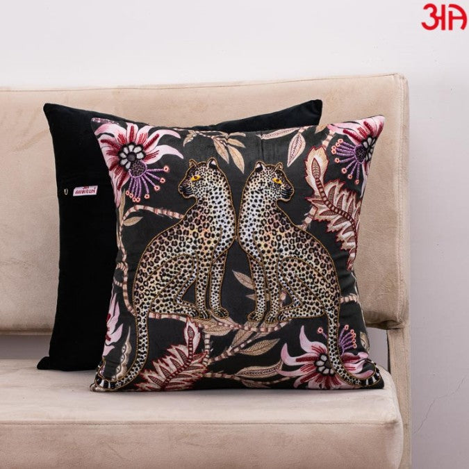 twin leopard handwork cushion cover black