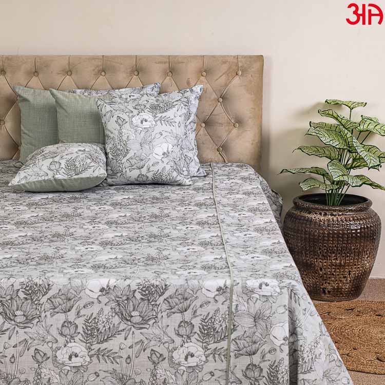 mint leaf floral cotton bed cover