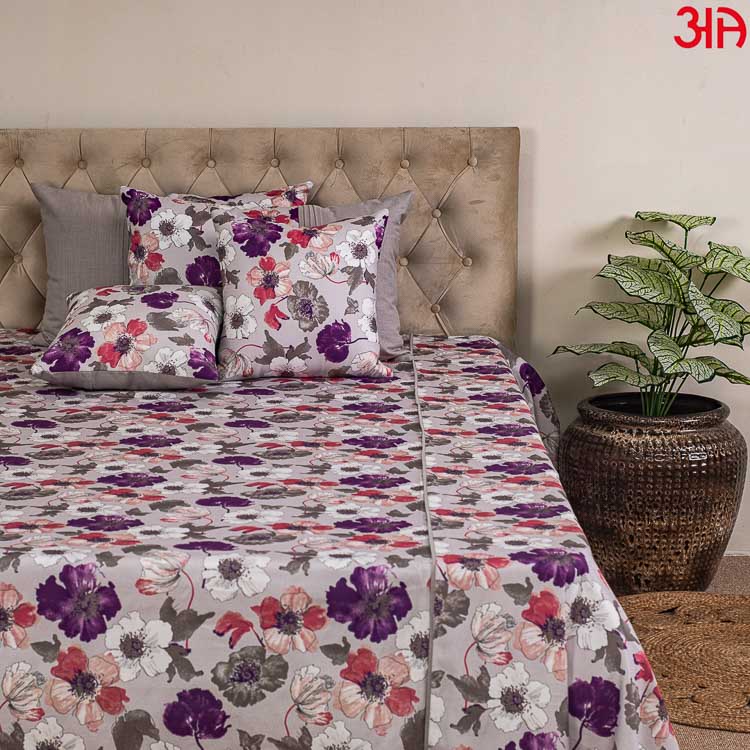 purple floral cotton bed cover