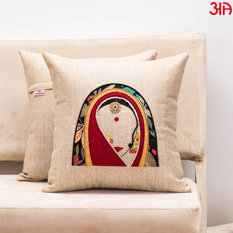 beige rajasthani women cushion cover