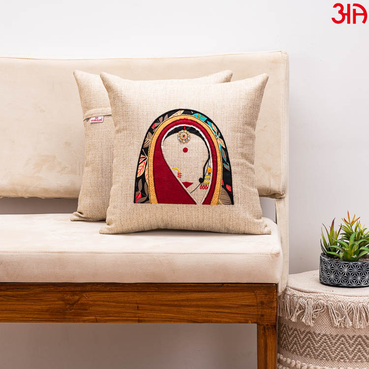 beige rajasthani women cushion cover2